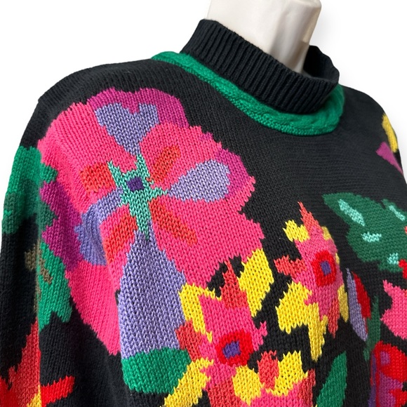 Vintage Jack B. Quick Floral Mock Neck Cotton Sweater, Size M, Black Multi - Picture 9 of 13
